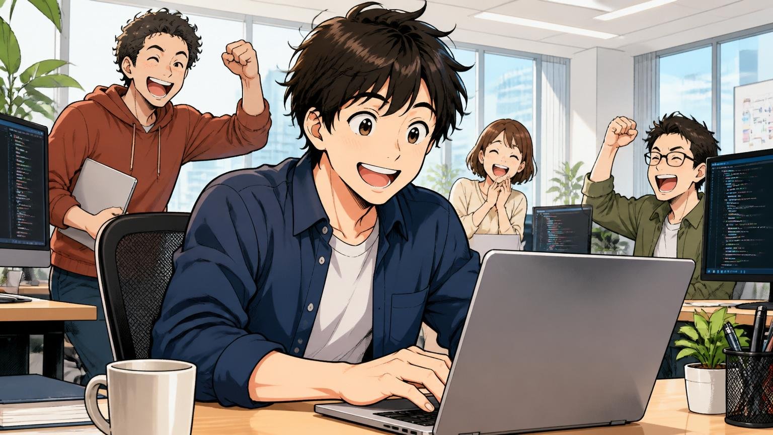年収の把握と交渉に強い経験者向けIT特化型エージェント。明るいオフィスでエンジニアが笑顔でパソコンを操作している