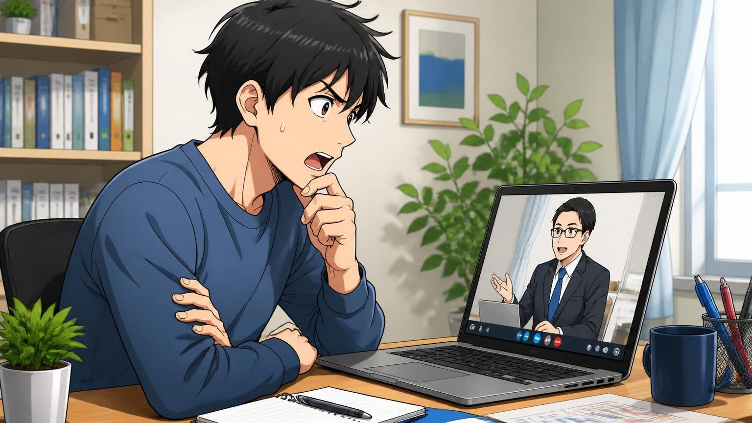 年収に納得できないならまず市場価値を知る。オンライン面談で転職エージェントに相談する男性エンジニア1人