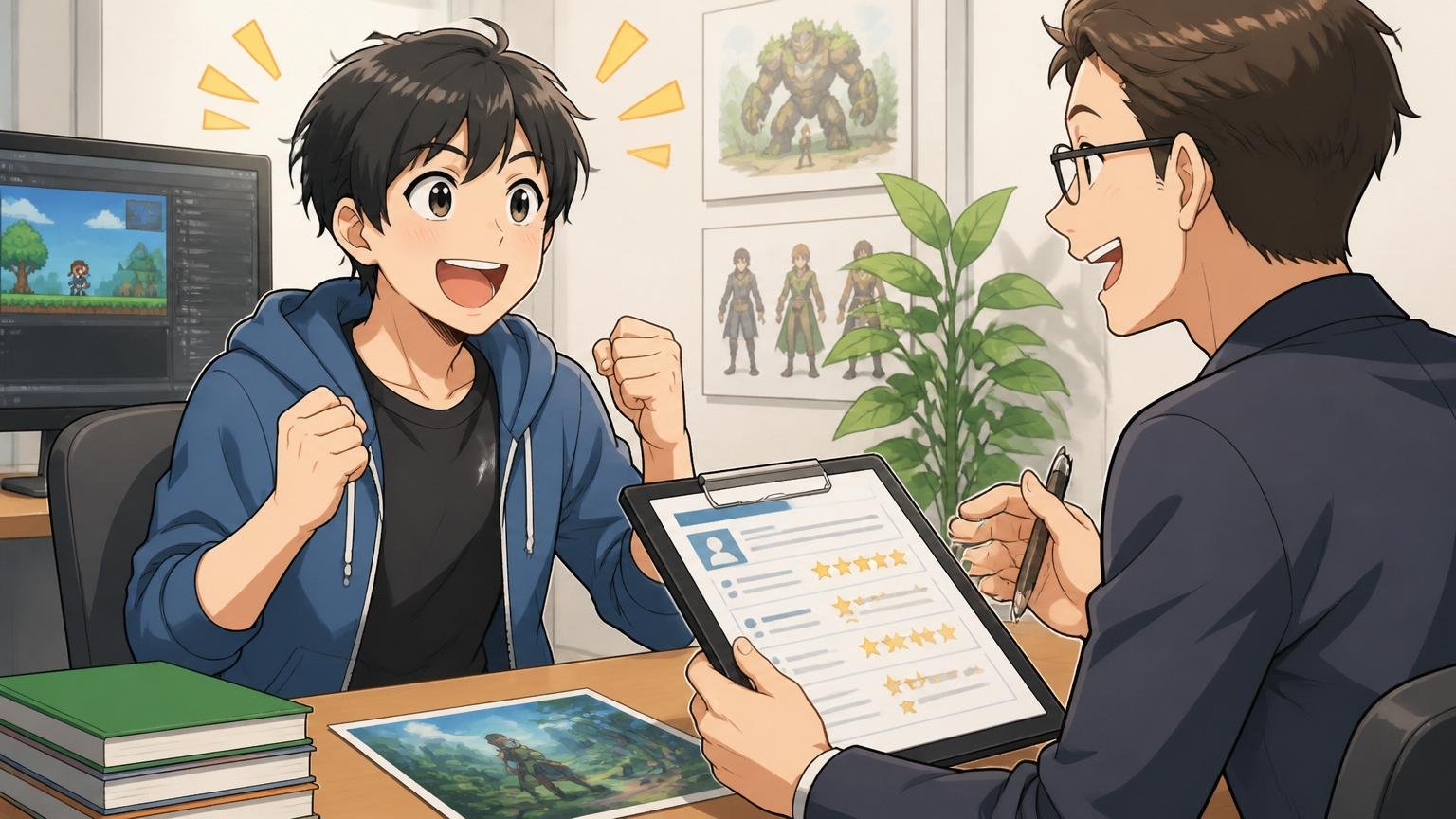 ゲーム開発の経験を正しく評価してくれるIT特化型の転職エージェント。面談ブースで経歴を高く評価され表情が明るくなる男性エンジニア2人