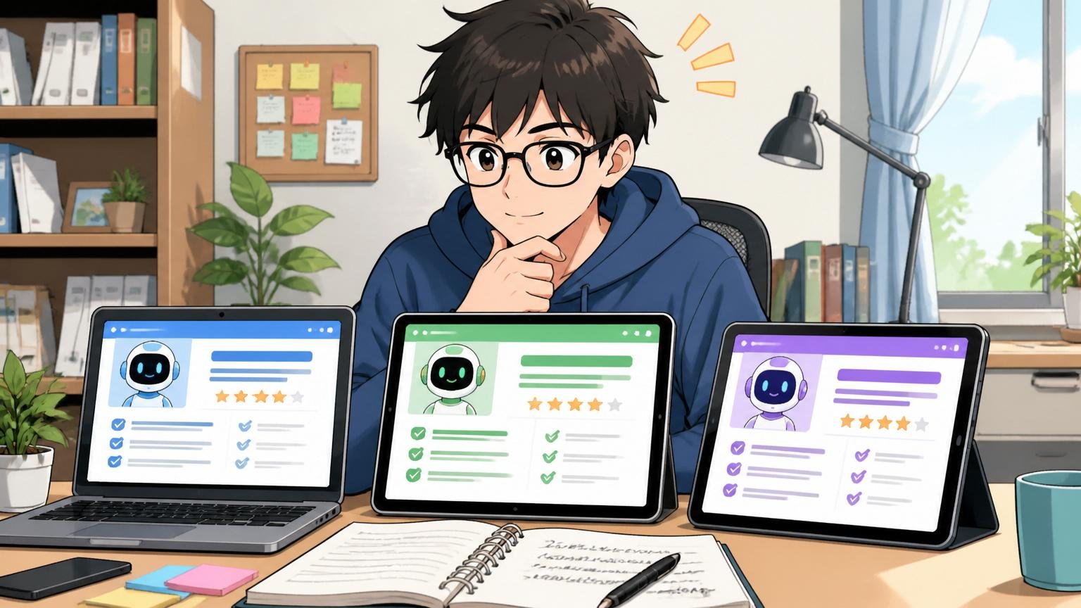 おすすめエージェントを比較するエンジニア:自宅のデスクで1人が3社のサービスを並べて検討する穏やかな表情