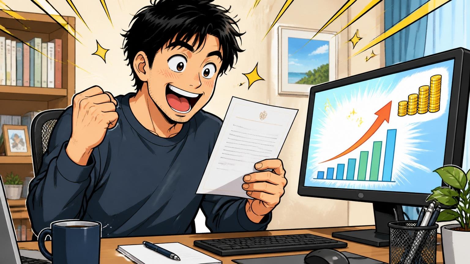 自宅のデスクで内定通知を確認し笑顔の30代エンジニア1人、年収アップの数字が画面に映る
