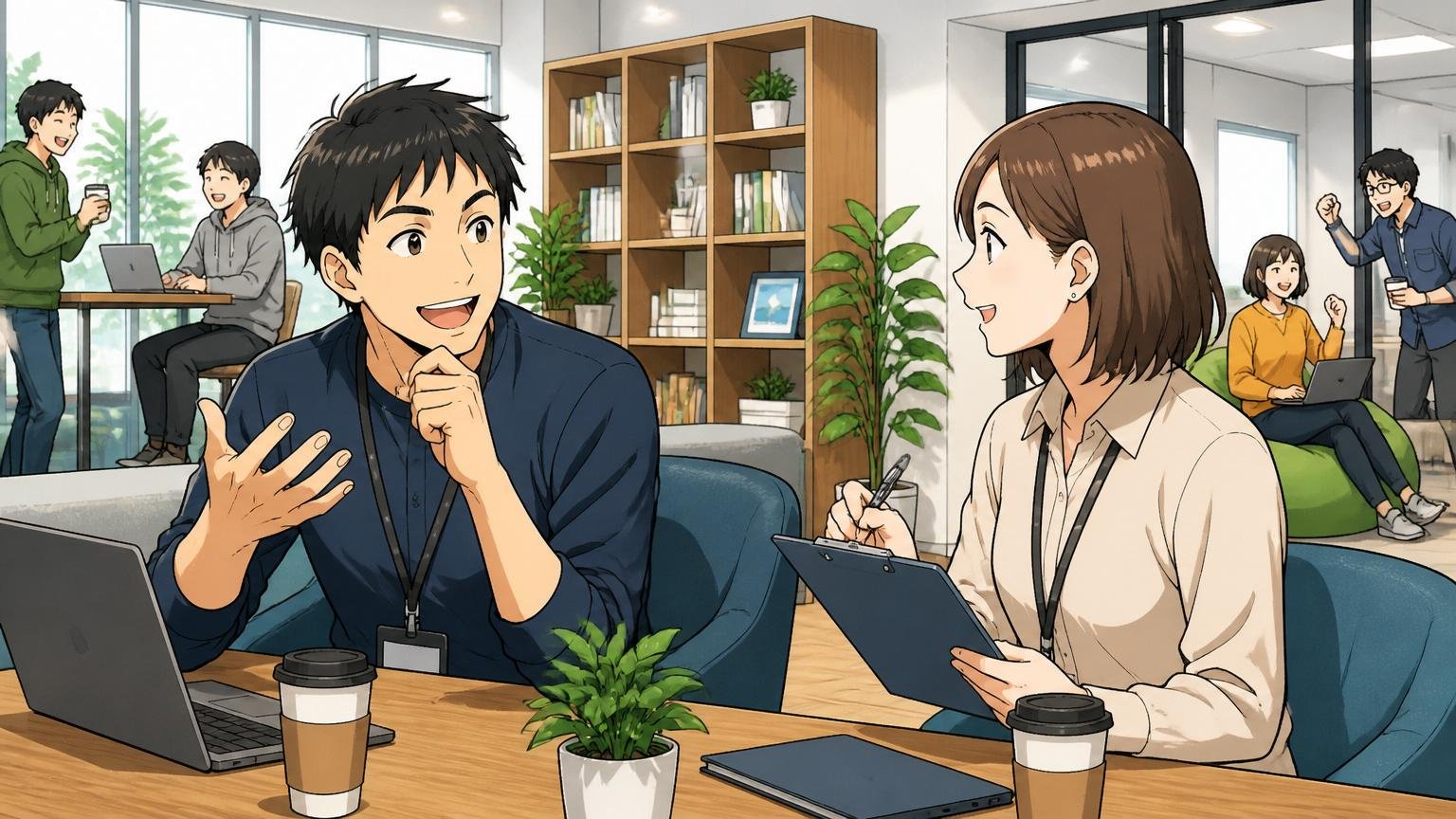 STEP4 3社以上のカジュアル面談で実感値を持つ｜Web系自社開発企業のカジュアル面談スペースでリラックスして話す30代男性エンジニアと30代女性人事