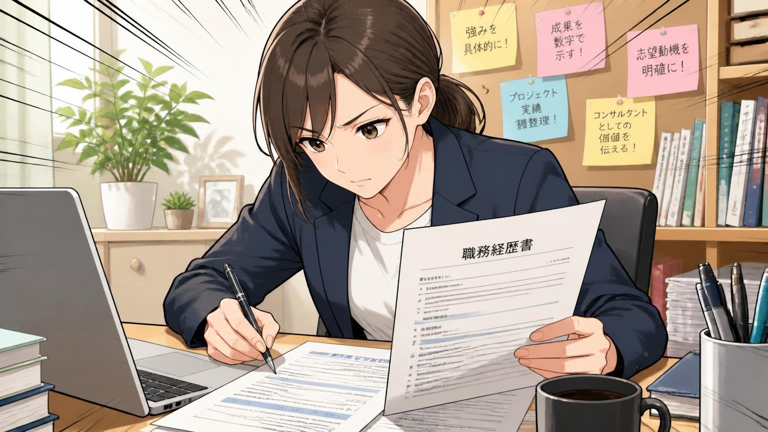 自宅のデスクで職務経歴書を真剣に書き直す30代の女性ITコンサルタント1人