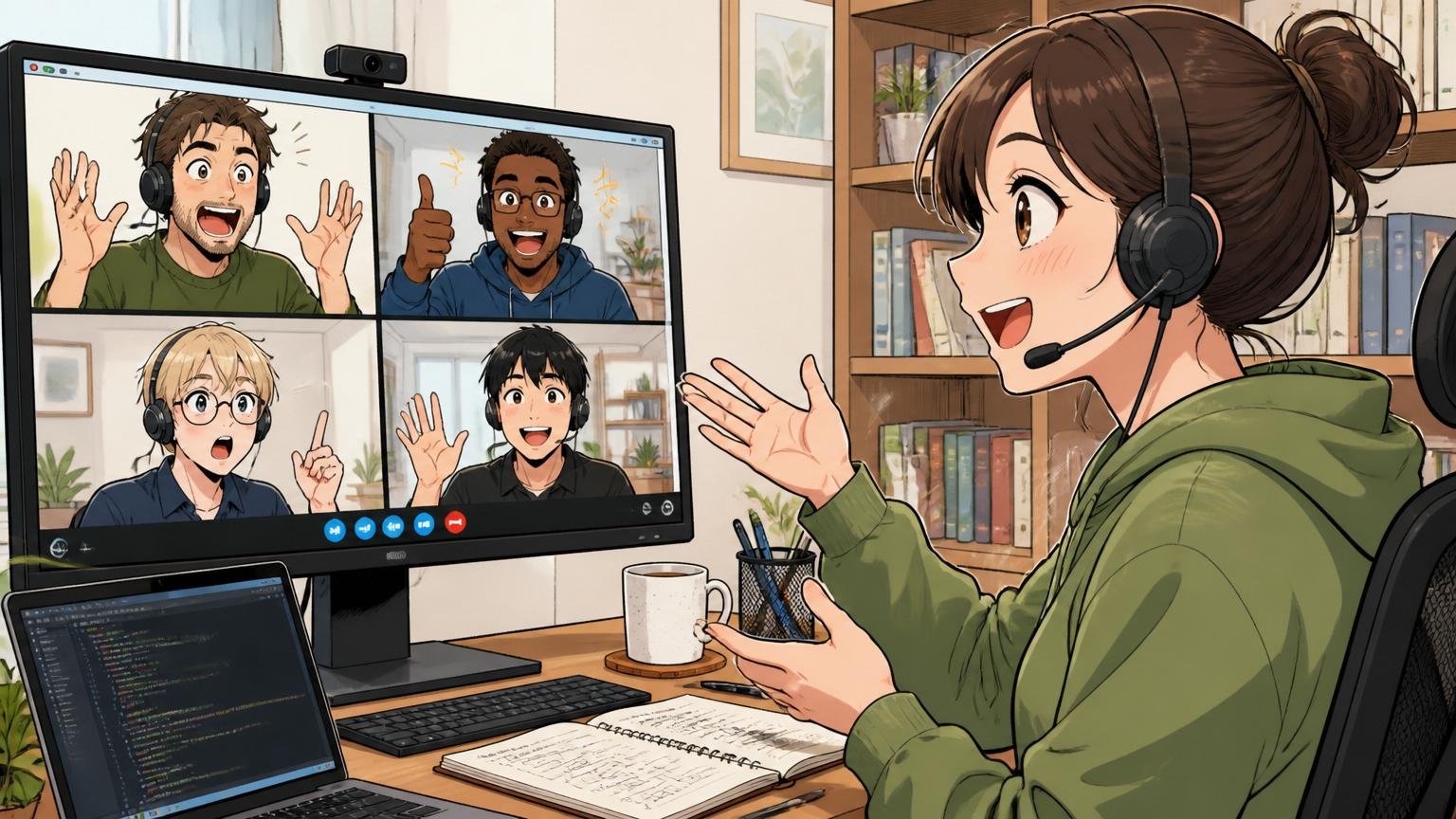 自宅のデスクで在宅勤務の30代女性エンジニアが英語のオンライン会議で海外チームと議論する
