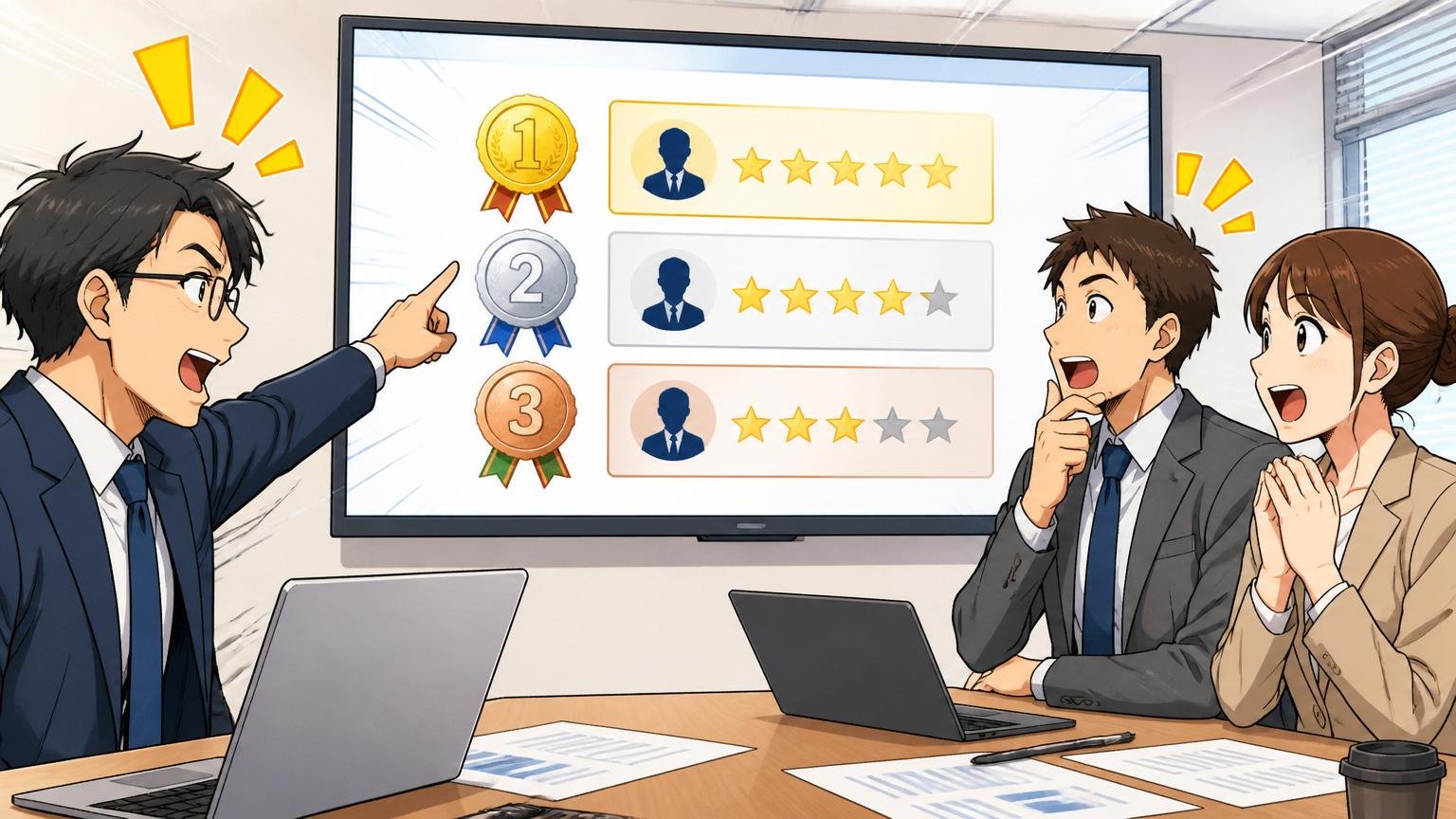 経験者向けIT特化型エージェントおすすめ3選、企業の会議室でエージェント説明、ビジネスパーソン3人、ランキングを指さす表情