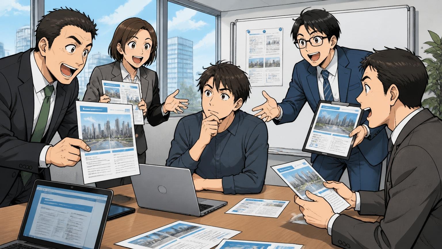 企業の会議室で30代エンジニアが複数の転職エージェント担当者からハイクラス求人の説明を受けている