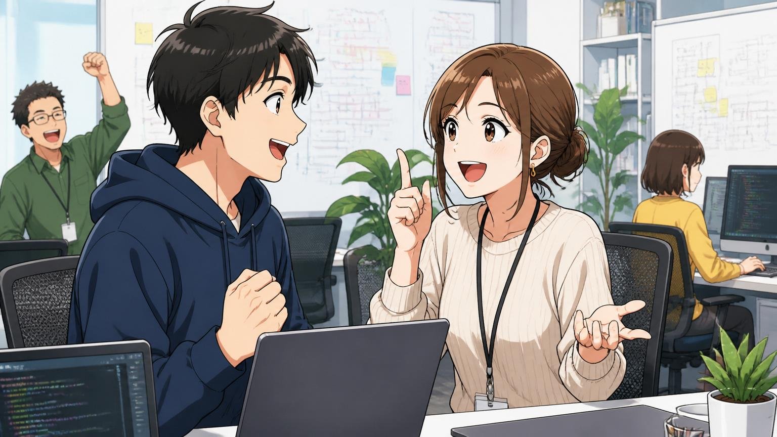 Web系スタートアップのオフィスで20代男性と30代女性のエンジニアが新しい挑戦への希望を感じながら笑顔で会話する