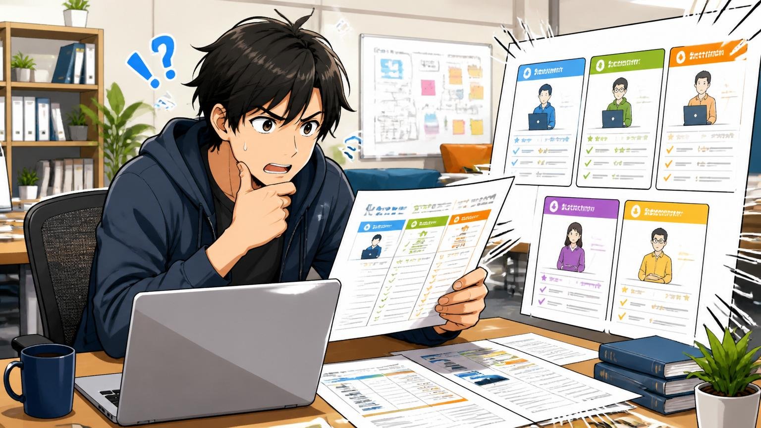 Web系スタートアップのオフィスで複数のIT特化型エージェントの資料を比較する30代男性エンジニア1人とおすすめサービス一覧