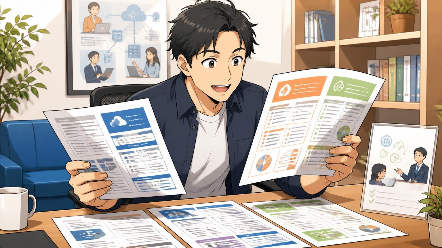 IT特化型エージェントのカウンセリングルームで複数社のサービス資料を比較する30代男性エンジニア1名、納得した表情