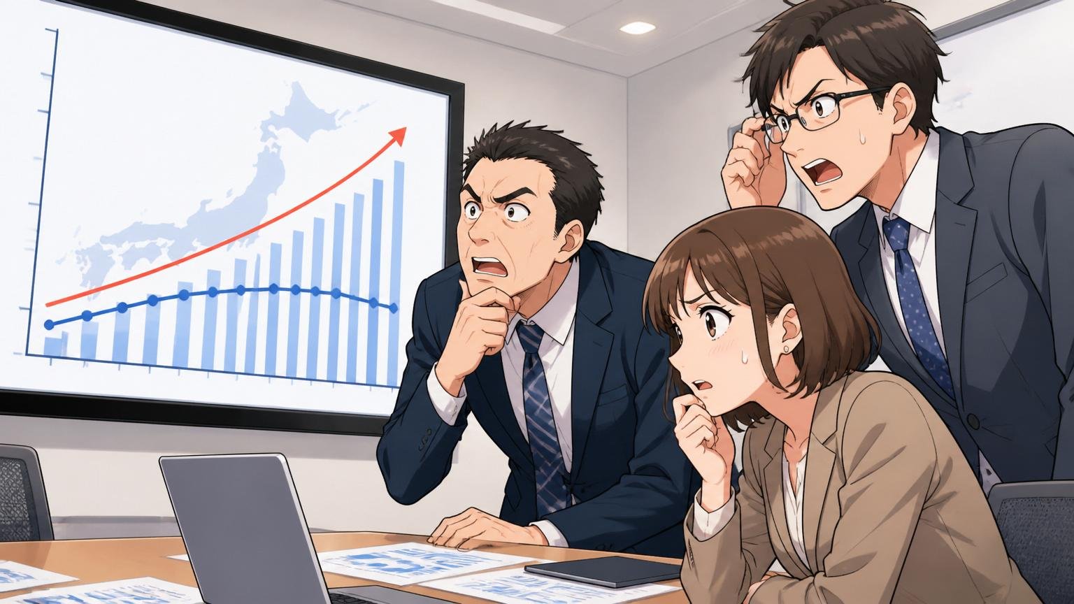 企業の会議室で男女ビジネスパーソン3人が日本全体のIT人材需給グラフを真剣に見つめている