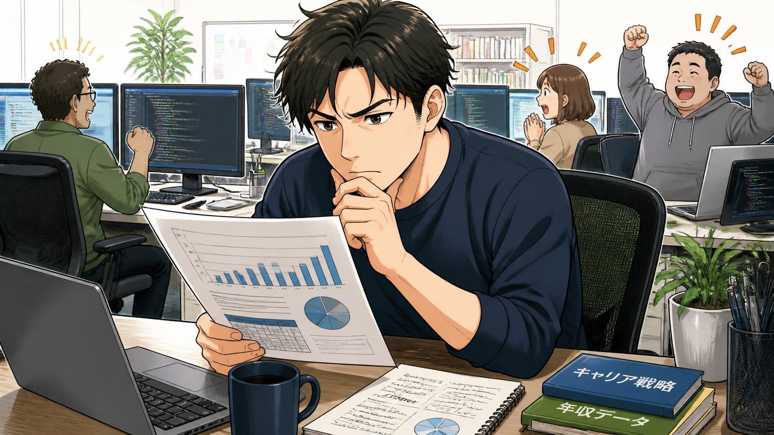 Web系IT企業のオフィスで自分のキャリアと年収を見直す30代エンジニア1人