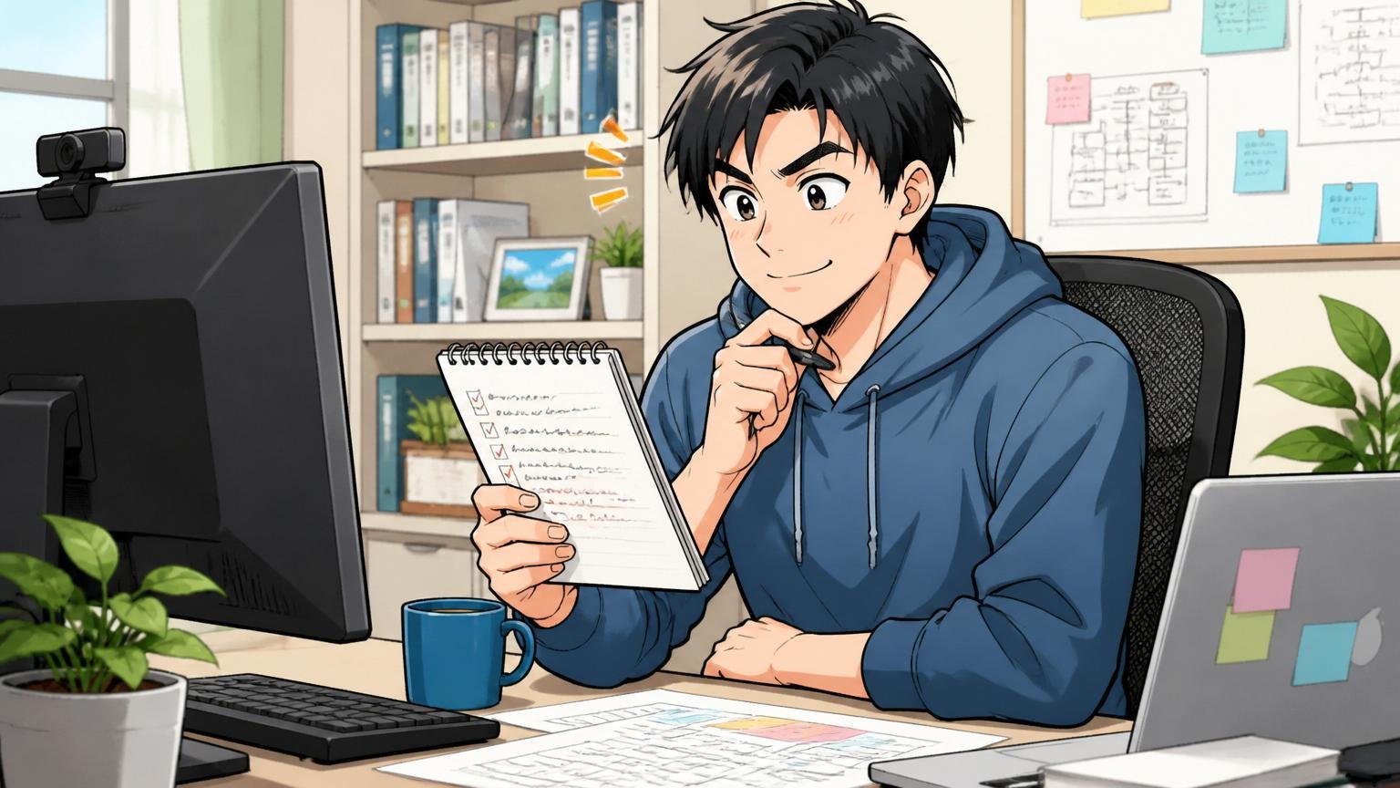 情報を整理して最終決断を下すエンジニア。自宅のデスクで在宅勤務中、メモを見ながら頷く30代男性1人、納得の表情