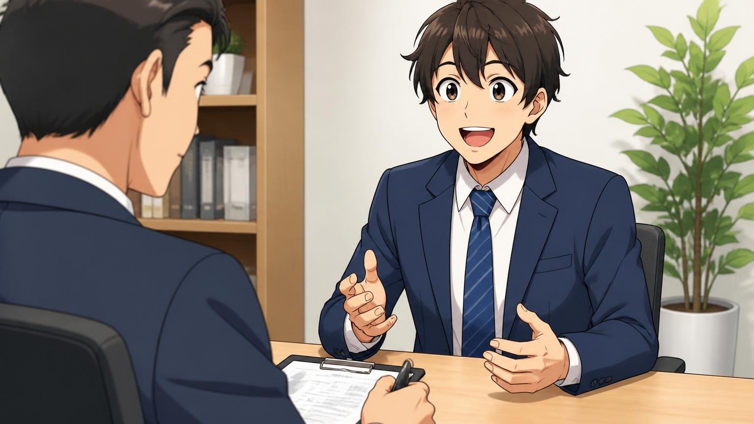 自分の値段を聞いてみる第一歩。転職エージェントの面談ブースで相談する男性社員、明るい表情