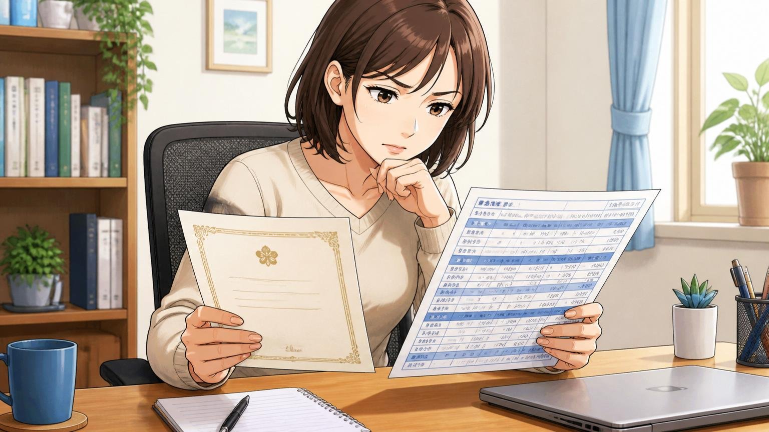 STEP5内定後に現職と冷静比較して決断｜自宅のデスクで内定通知書と現職の給与明細を並べて静かに比較する30代女性エンジニア