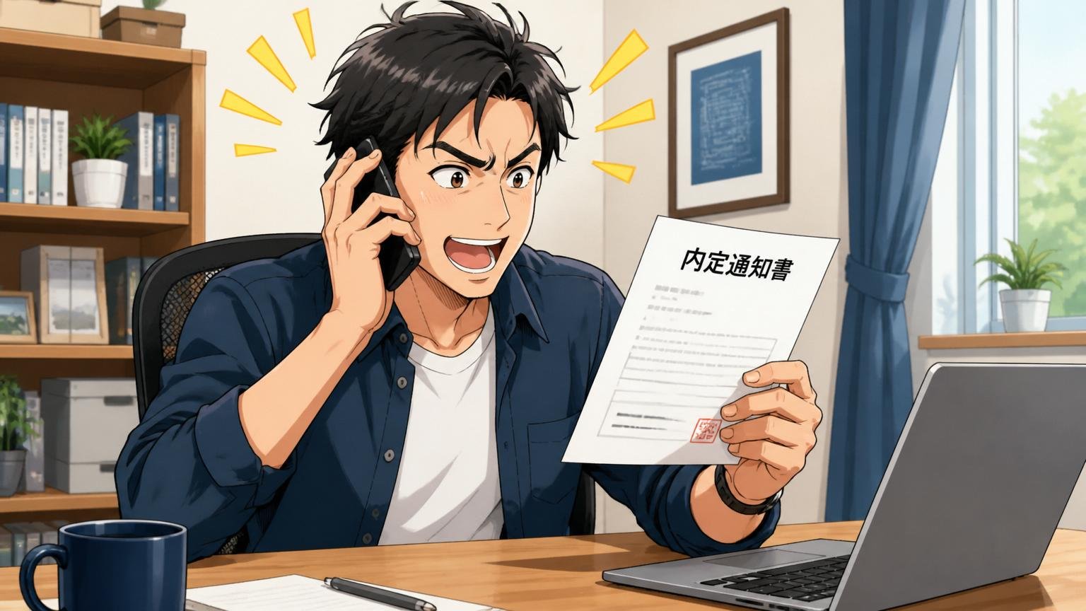 自宅の机で内定通知を見ながらエージェントと電話で年収交渉する30代の男性エンジニア1人