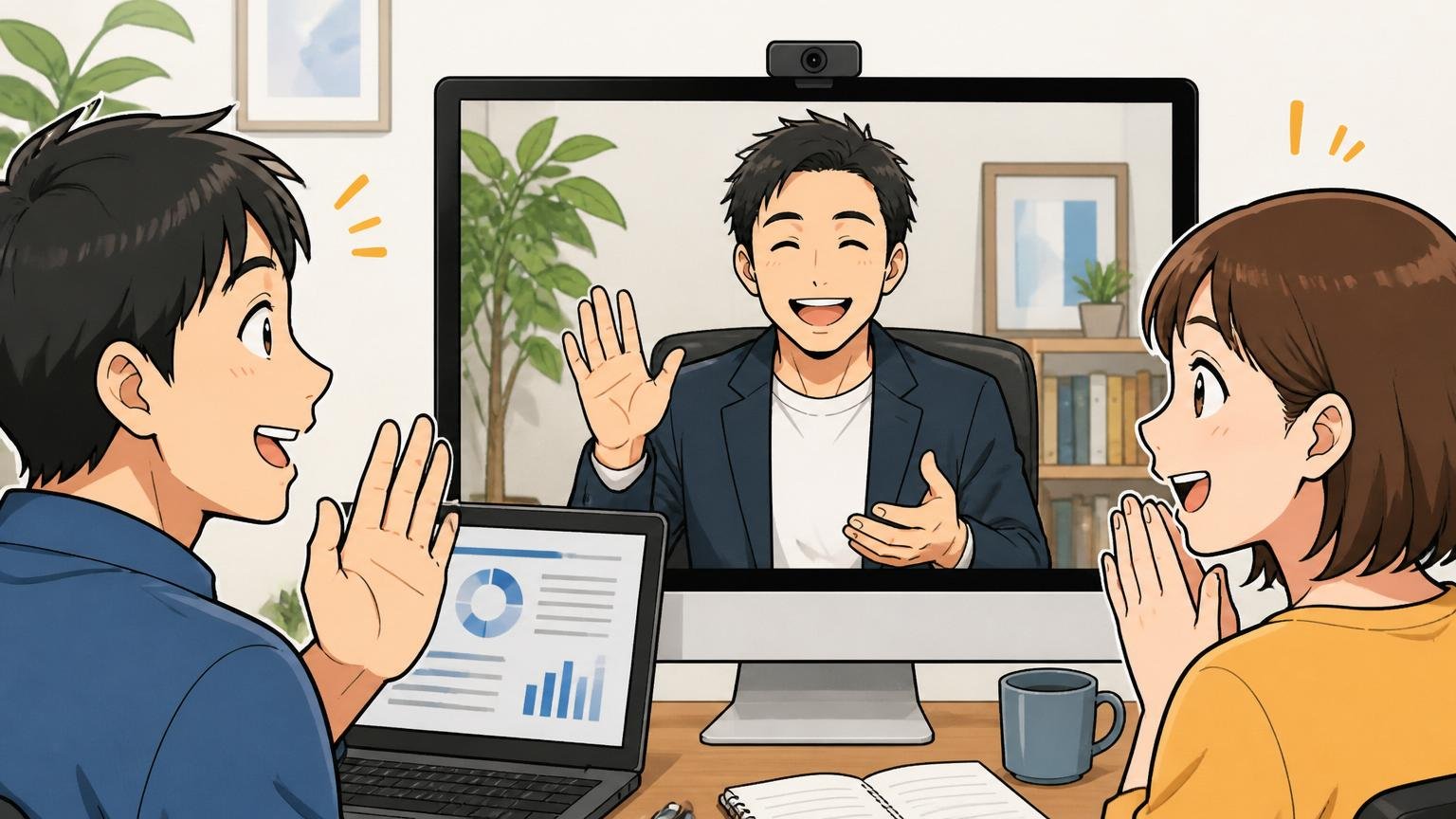 ＼経験者のあなたへ／市場価値の把握は無料相談から始めるのが現実解。Web系のオンライン面談で笑顔のエージェント担当者と転職希望者2名