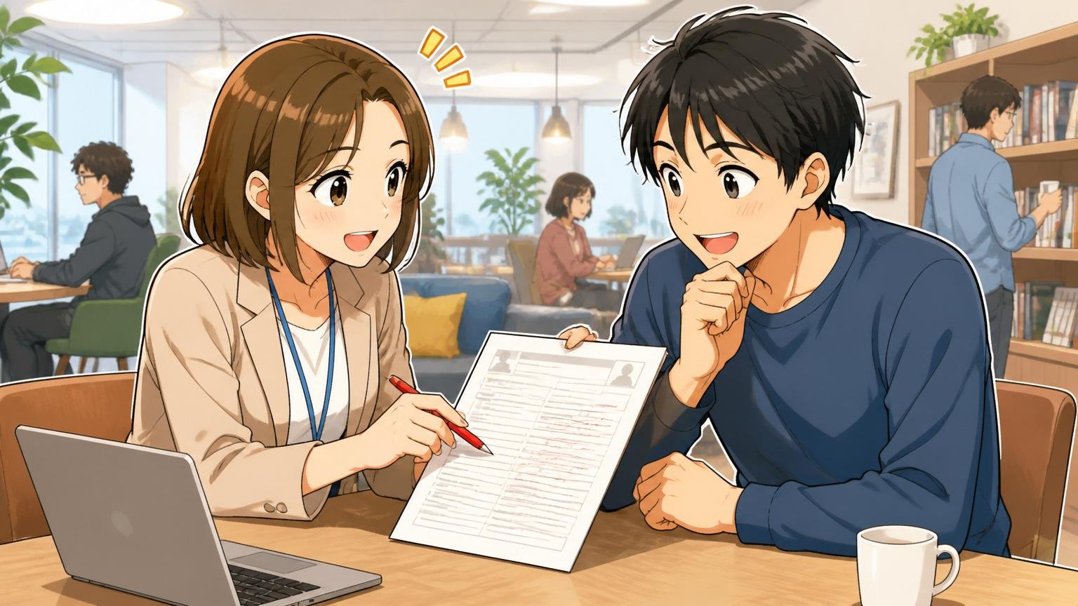 エージェントを使うと何が変わるか。Web系のキャリア相談スペースで30代女性エージェントと男性エンジニアが職務経歴書を添削している和やかな様子