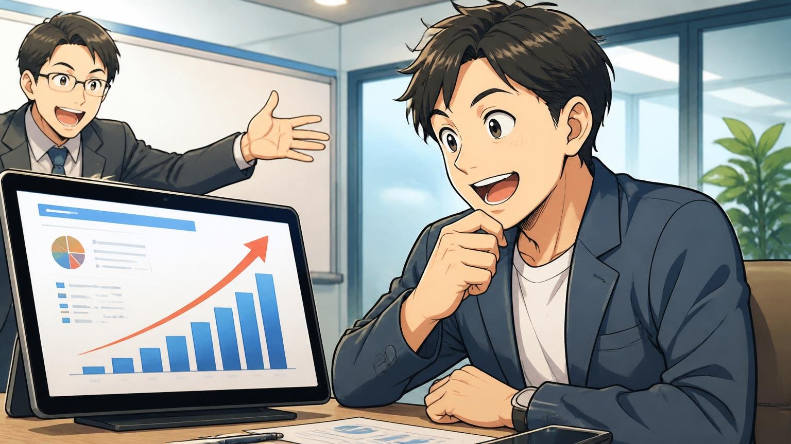 経験者向けIT特化型エージェントなら年収アップ事例も豊富／企業の会議室でエージェントと年収シミュレーションを見る30代エンジニア男性1人