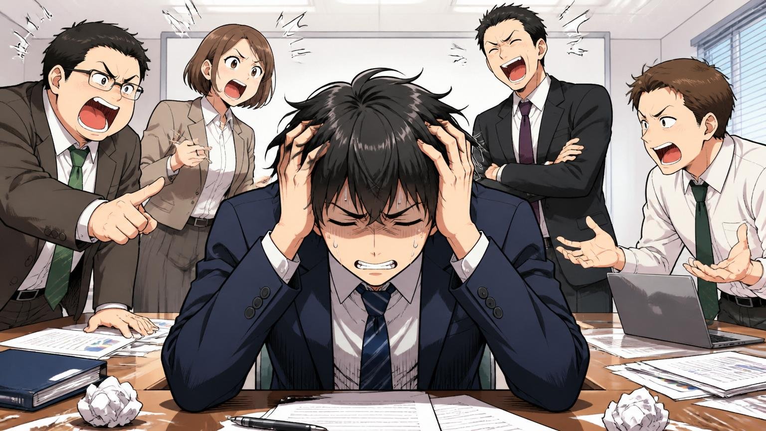 こんな人にとっては「やばい」会社。会議室でストレスを感じる若手社員1人が頭を抱える