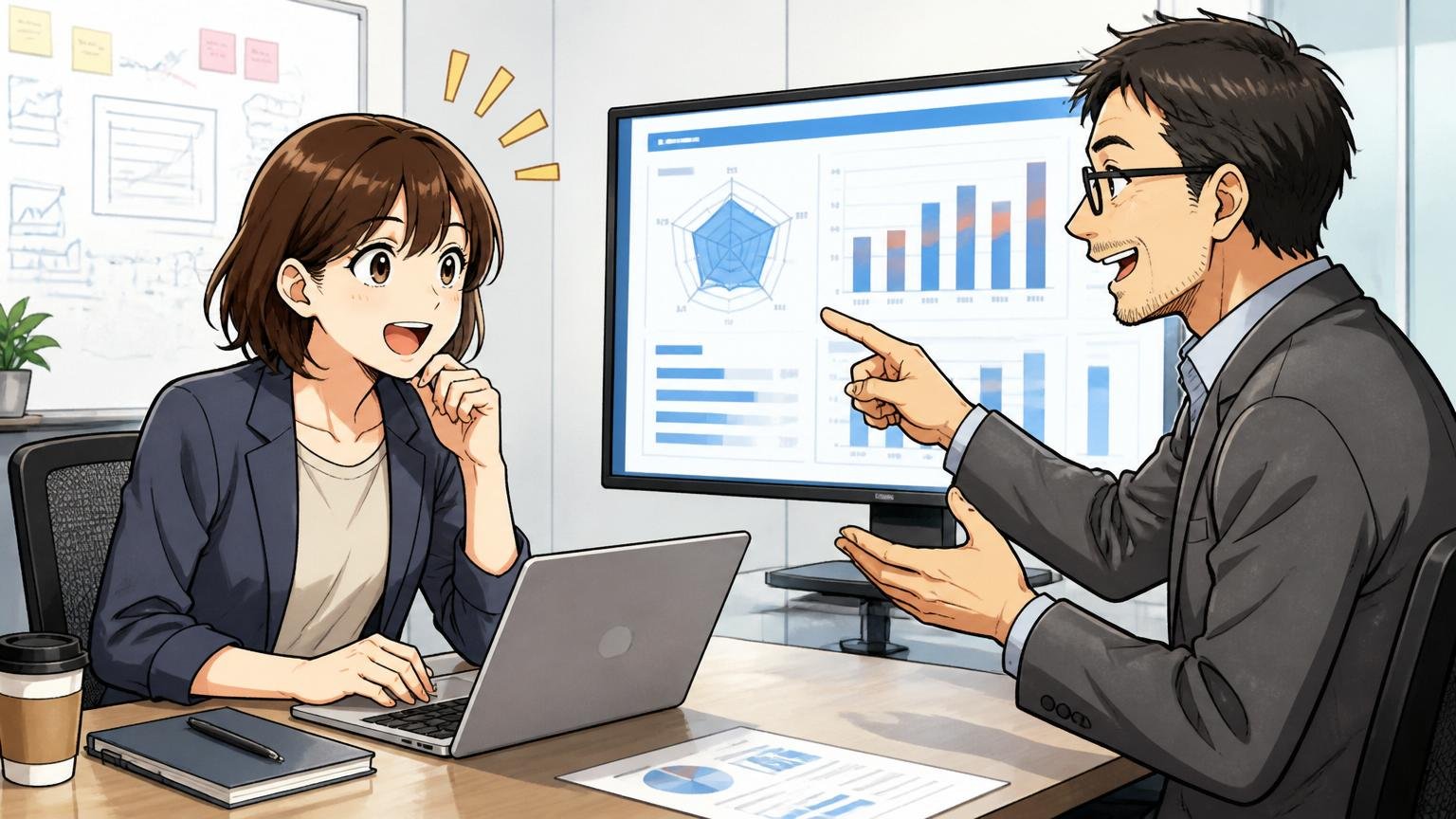 企業の会議室で30代女性エンジニアがアドバイザーと向き合い自分の市場価値を確認する