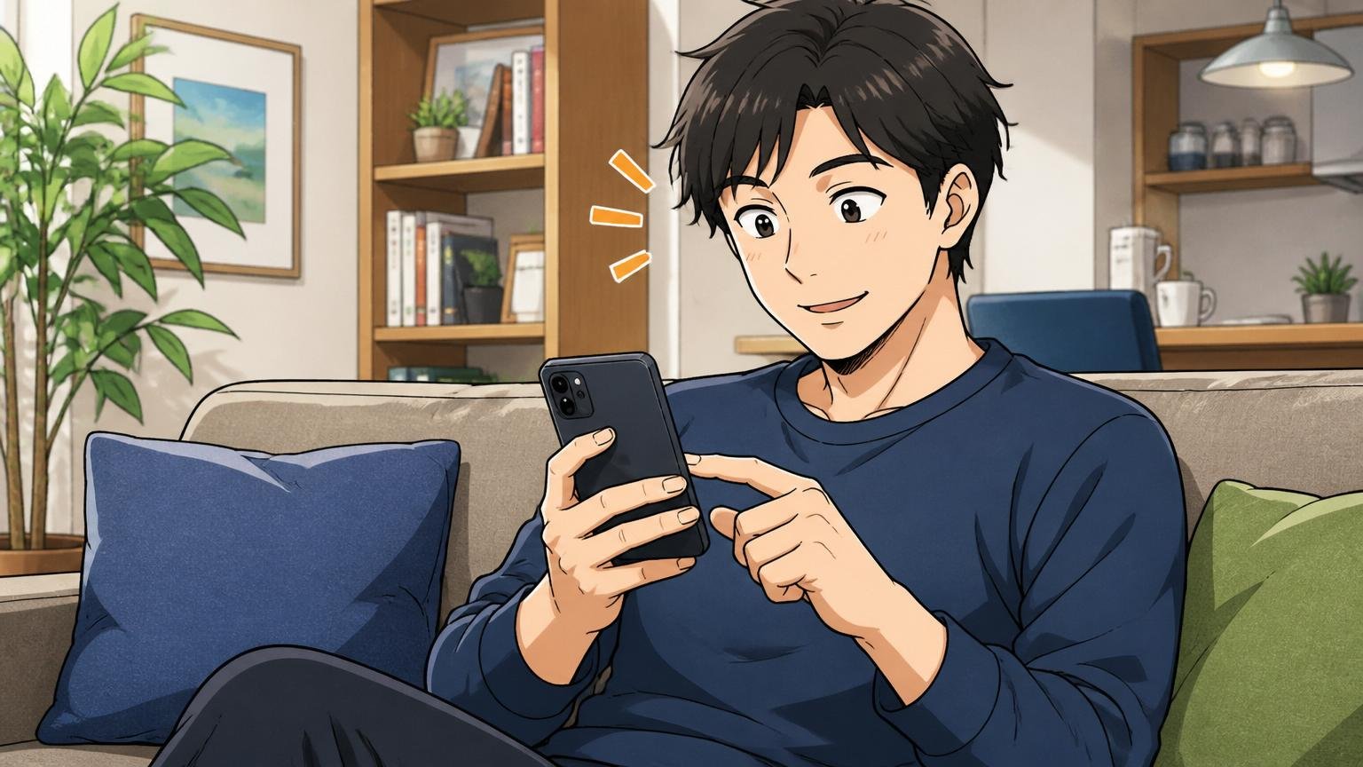 在職中にスマホでエージェントの無料登録フォームに入力するエンジニア。自宅のソファで30代男性1人、リラックスして入力中