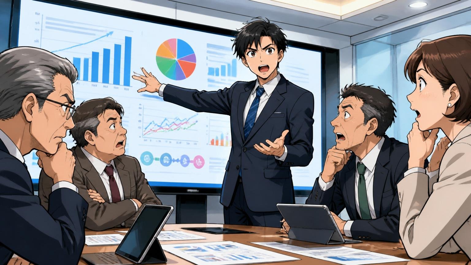 大企業のDX推進室で経営層を相手に課題分析の資料を説明するコンサルタント