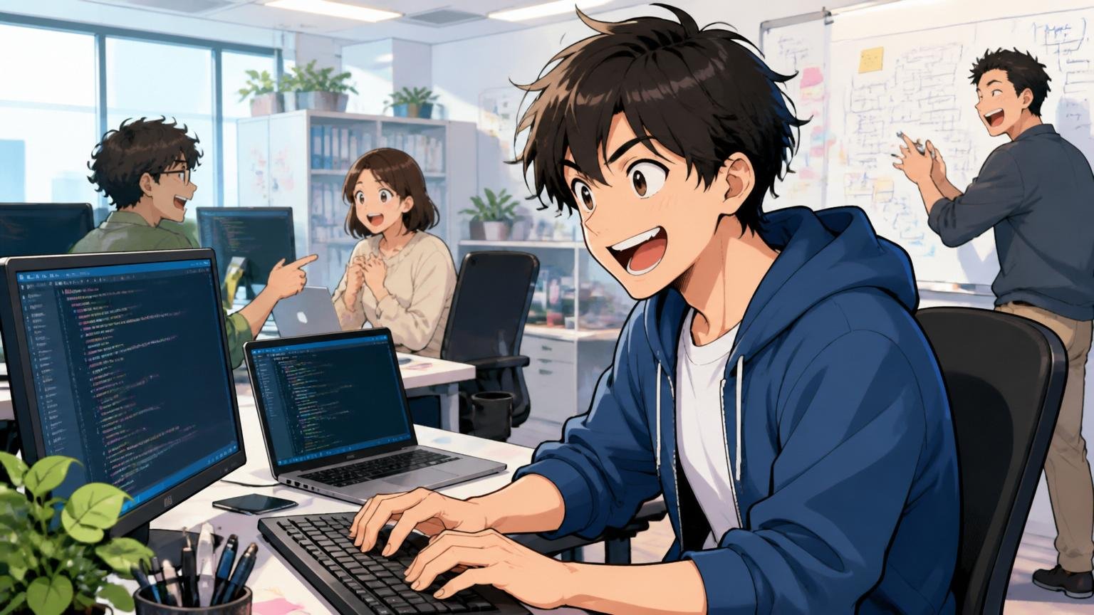 Web系スタートアップのオフィスで生き生きと開発する30代男性エンジニア