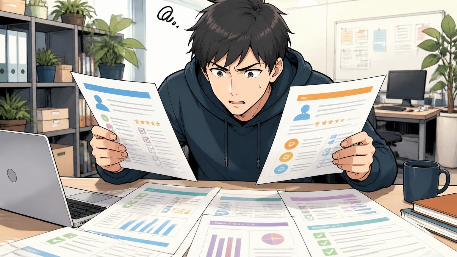 複数の転職エージェントを比較するWeb系自社開発のオフィスで複数のエージェントの資料を見比べるエンジニア1人