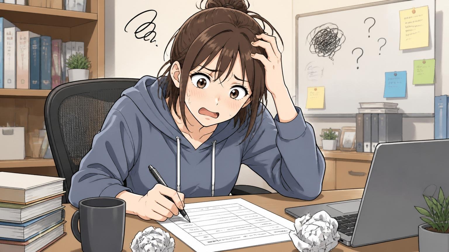 自宅のデスクで自己評価シートを書きながら混乱した表情を見せる30代エンジニア女性1人