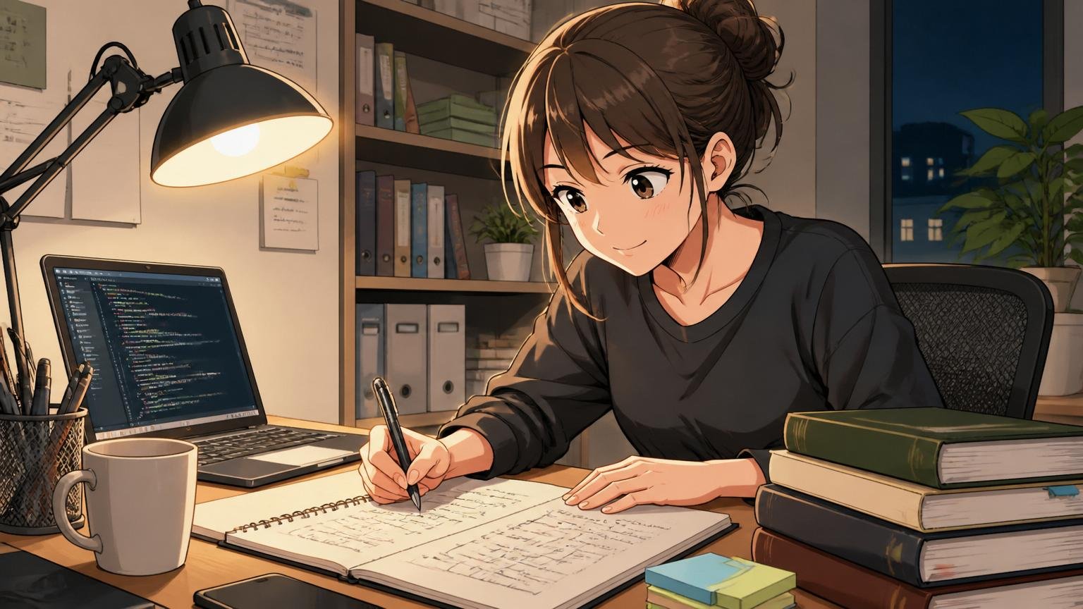 自宅のデスクでノートに条件を書き出す30代女性エンジニア、整理されていく表情、夜のデスクライト