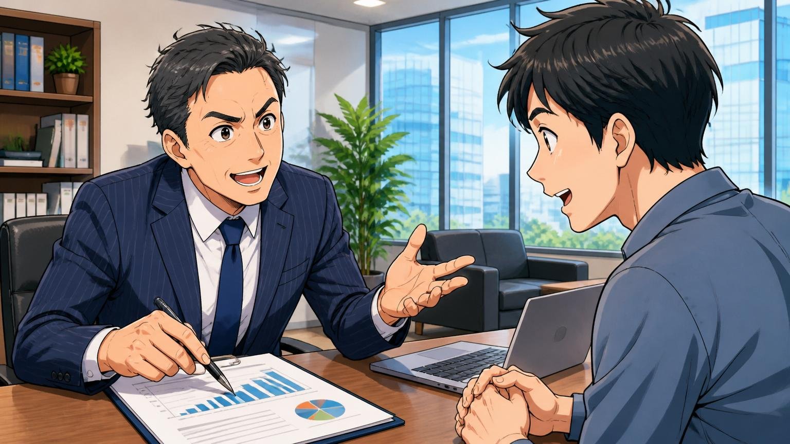 年収交渉に強いIT特化型エージェント 都心のエージェントオフィスで対面相談する40代男性アドバイザーと30代男性エンジニア