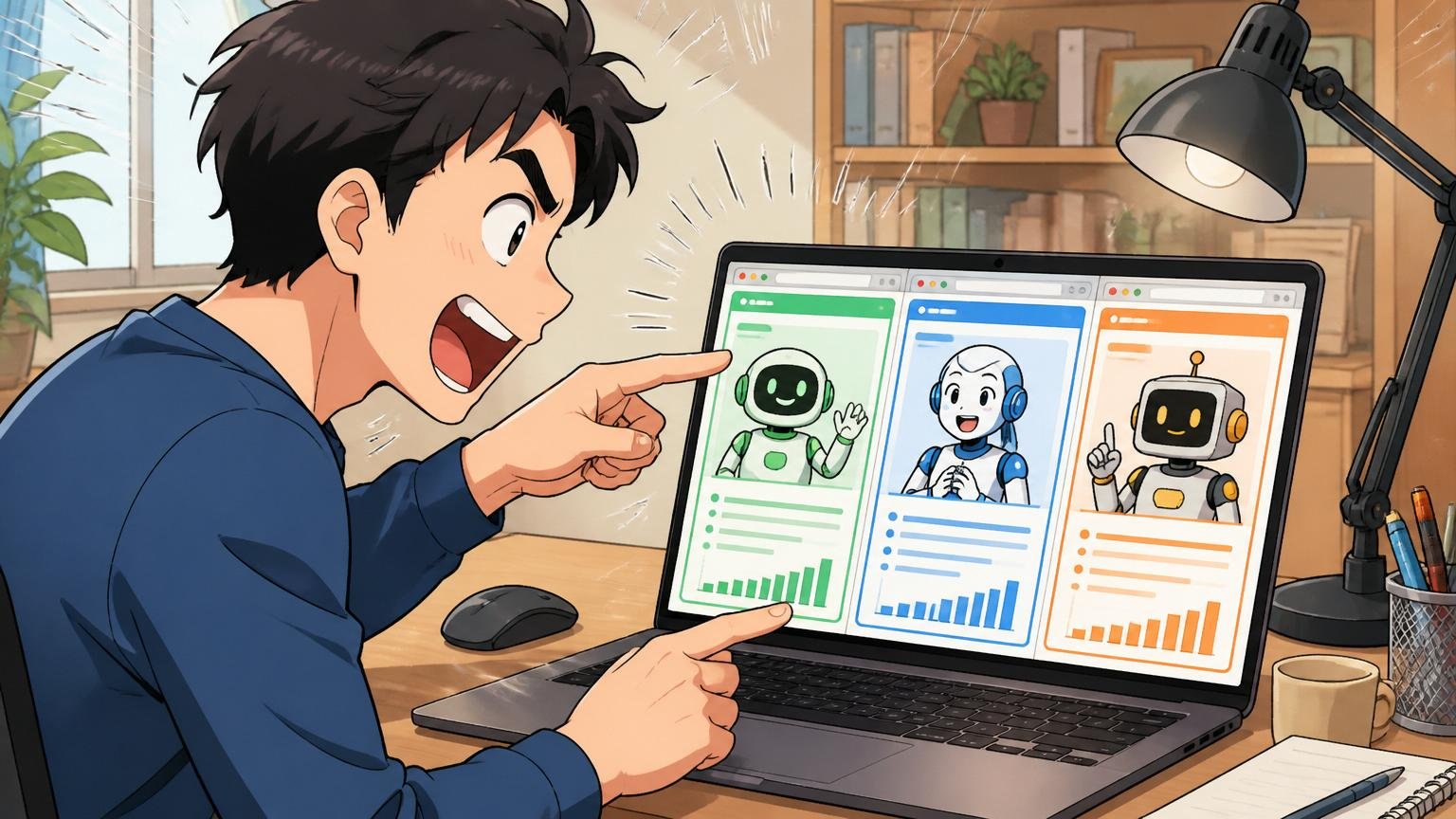 複数エージェントを比較、自宅デスクで30代男性、ノートPCに3つのタブを並べる