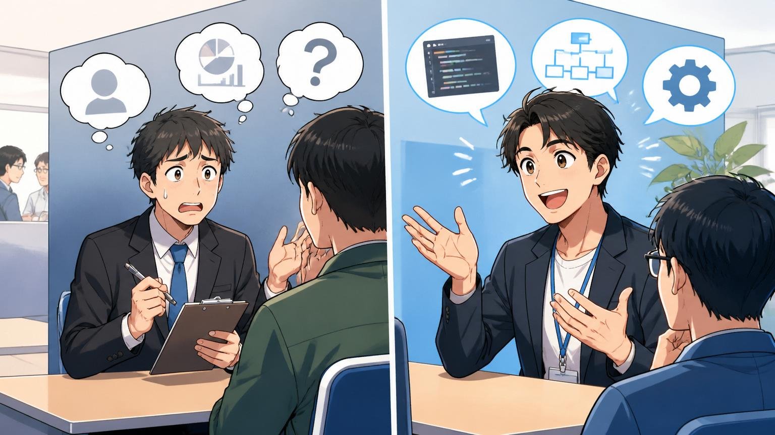 IT特化型と総合型エージェントの違い。面談ブースで技術の話が通じて笑顔の男性エンジニア