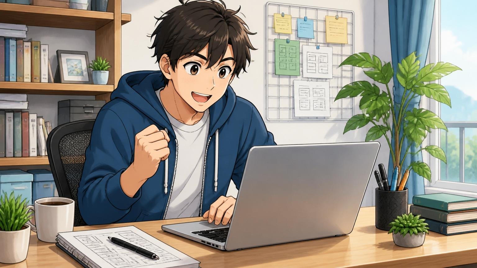 「今日からできるたった一歩」自宅のデスクで前向きな表情でノートPCを開く男性エンジニア1人
