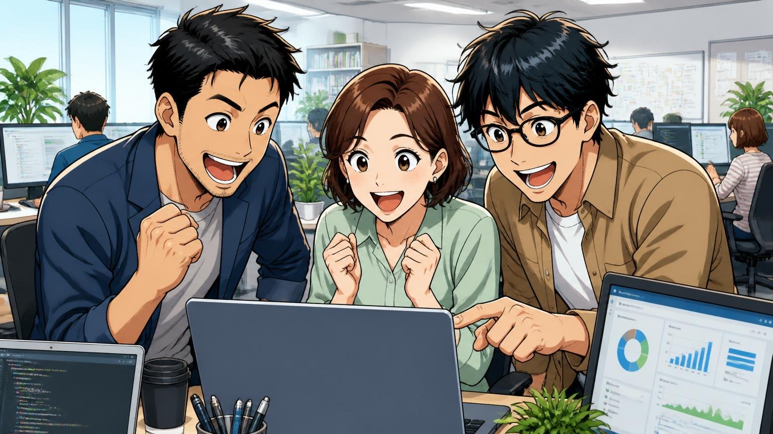 スキルはIT/Web市場で高く評価される。Web系企業のオフィスで活躍する30代男女3人