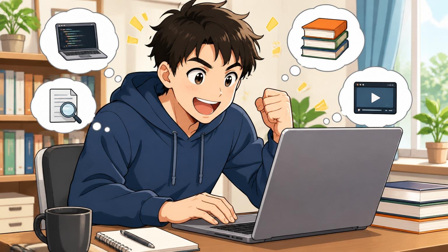 まずは無料の情報収集から。自宅のデスクで男性エンジニアが前向きな表情でPCに向かう第一歩