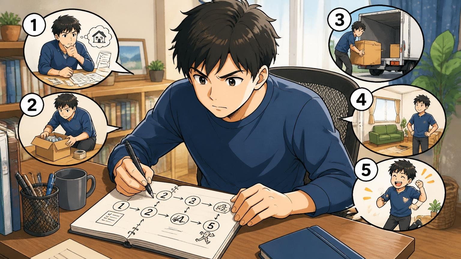 残る動くの判断準備をステップで整理。自宅のデスクで男性社員1人がノートに計画を書き出す
