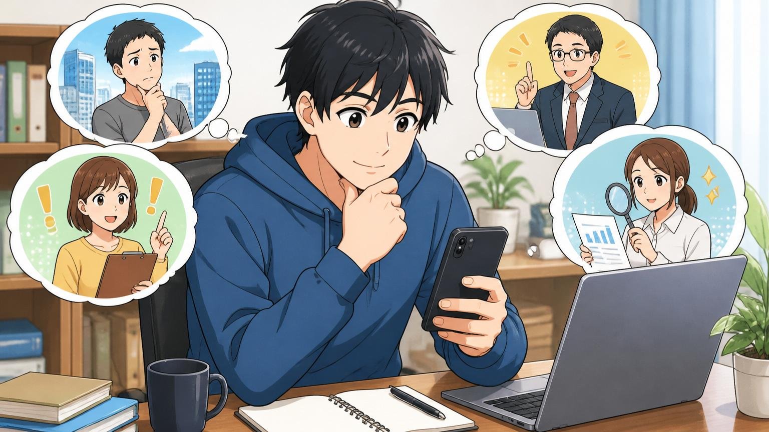 いきなり転職せず相談と情報収集から。自宅のデスクで落ち着いてスマホ相談する20代男性