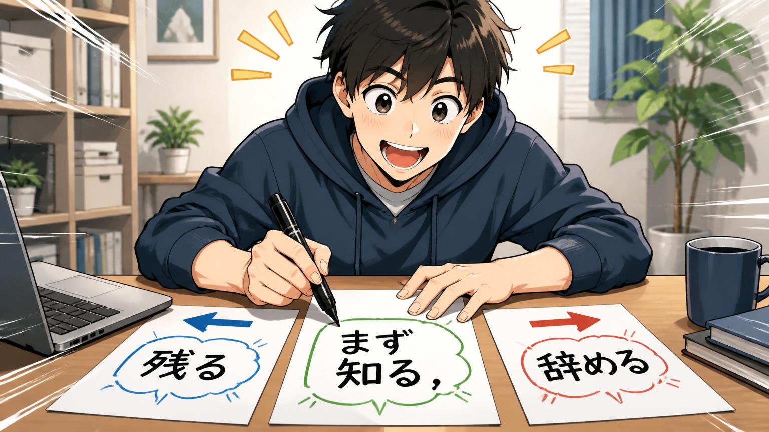 自宅のデスクで「残る」「辞める」の二択の紙の間に「まず知る」と書き加えて表情が明るくなるエンジニア1人