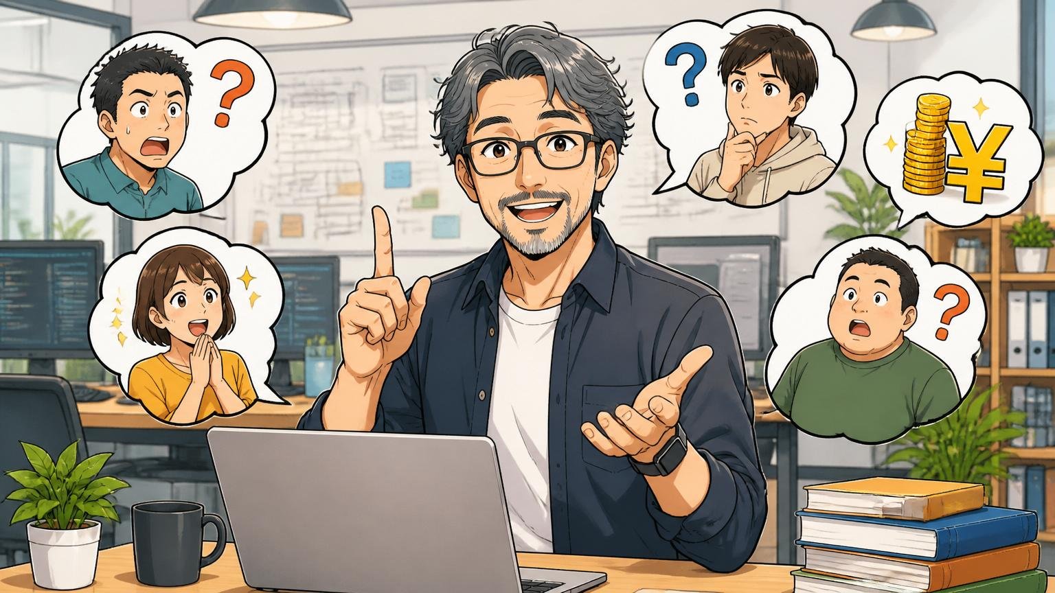 クラスメソッドの年収についてのよくある質問 Web系オフィスで質問に答えるベテラン男性エンジニア1人