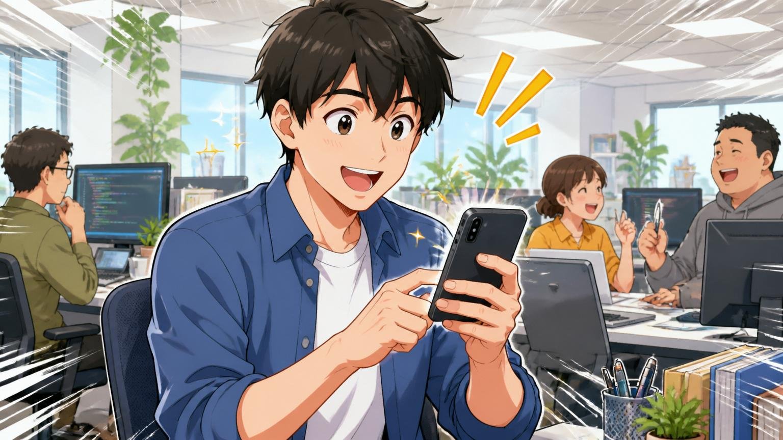 まず無料相談から市場価値を確かめる。明るいオフィスでエンジニアが前向きな表情でスマホを操作している