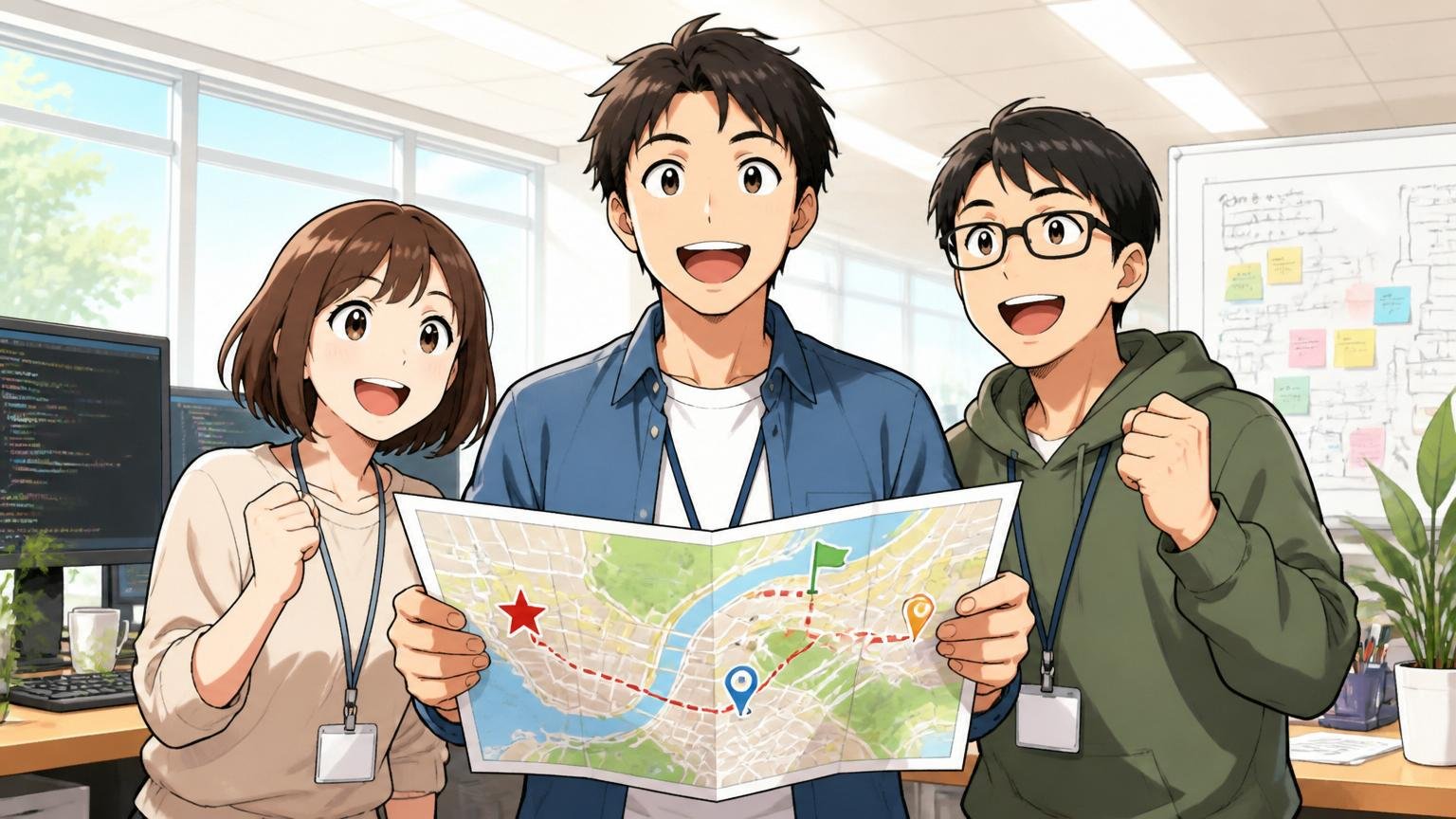 迷っている今こそ無料相談で地図を手に入れよう。明るいオフィスで男女3人のエンジニアが笑顔で前を向く