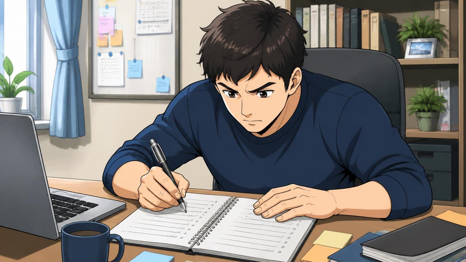 ステップ1自分の市場価値を正確に把握する。自宅デスクで自分の経歴を書き出す30代エンジニア1人