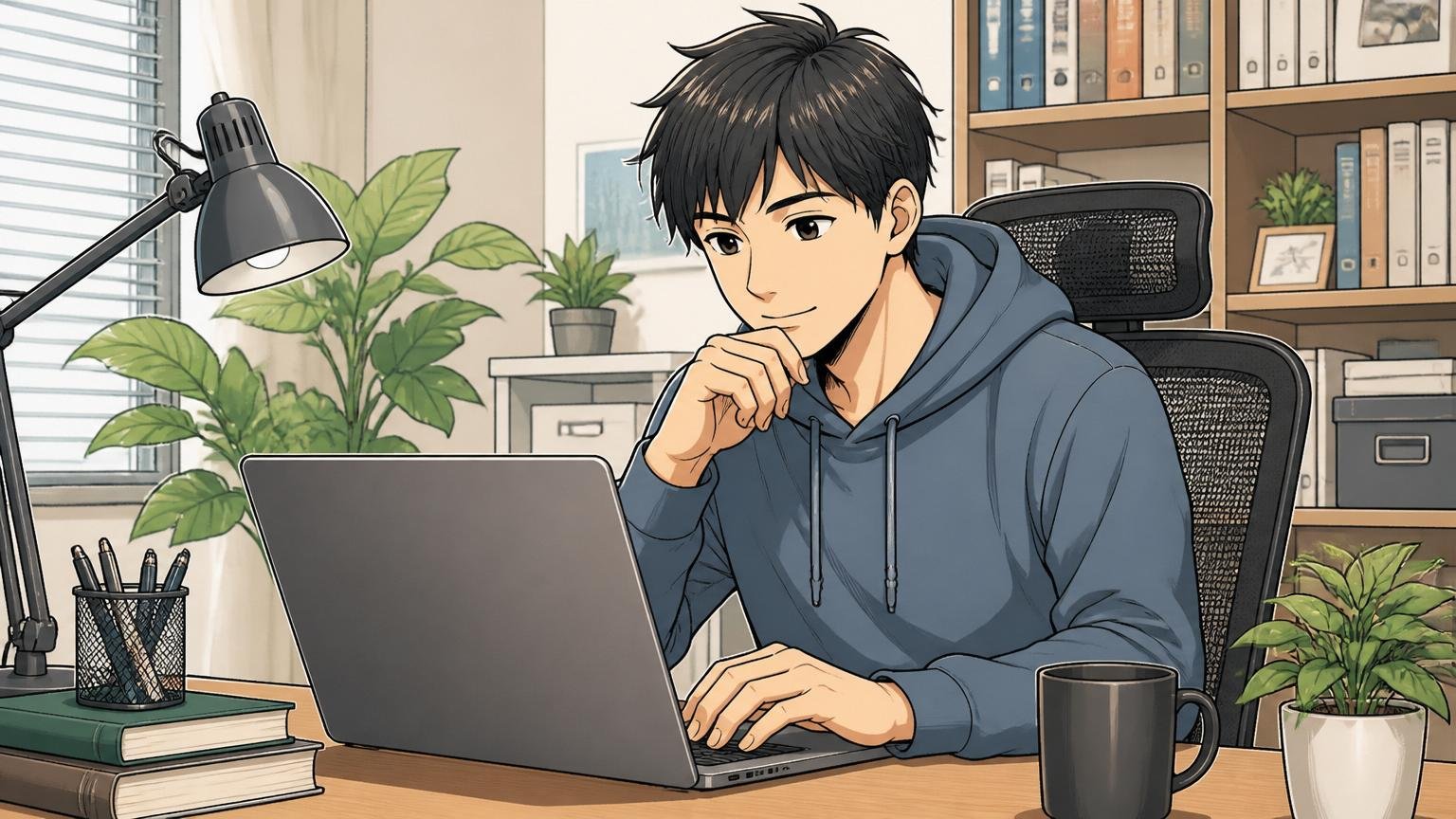 いきなり辞める必要はない｜在宅のデスクで落ち着いた表情で情報収集するエンジニア1人