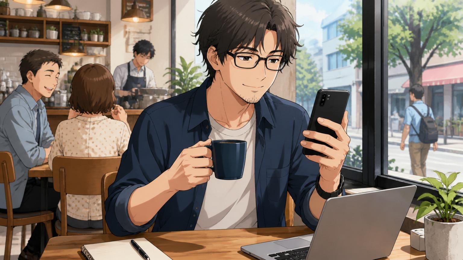 カフェの窓際の席でコーヒーを片手に穏やかで吹っ切れた表情でスマホを見る30代男性エンジニア