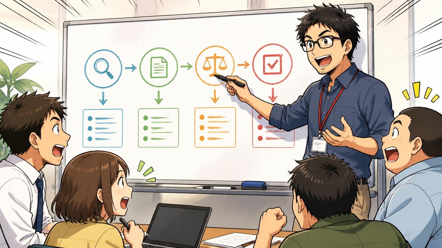 判断4ステップの全体像。会議室でホワイトボードに手順を書き出し説明する中堅男性エンジニア