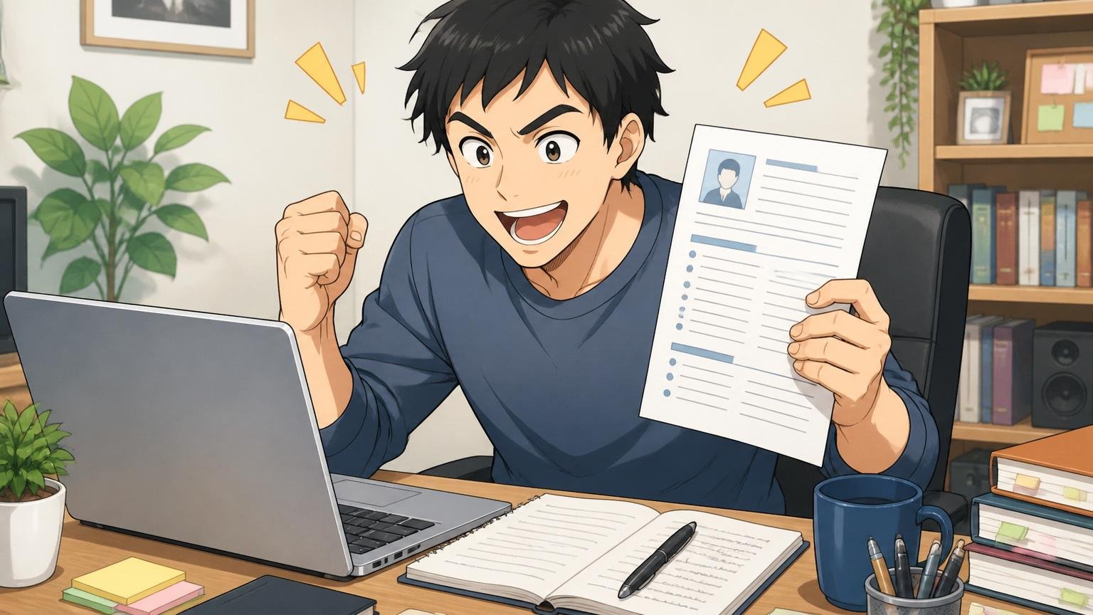職務経歴書は解決したことで書く。自宅デスクで経歴書を書き直し手応えを感じる男性エンジニア