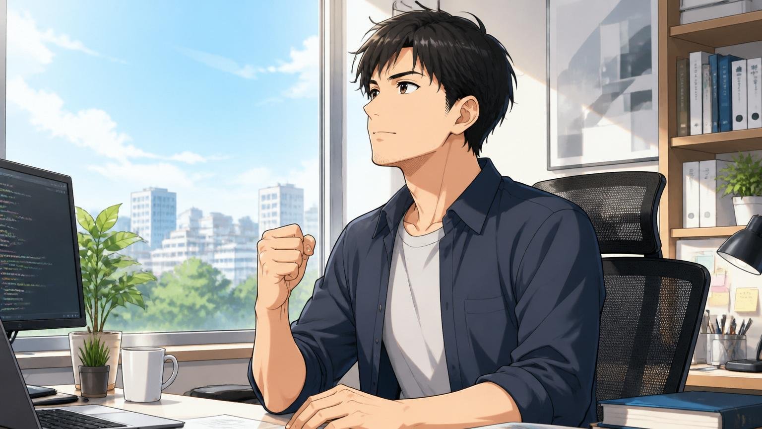 自分のタイミングで納得して選ぶために今日できること。窓際で前を見据えて決意した表情の30代男性エンジニア1人