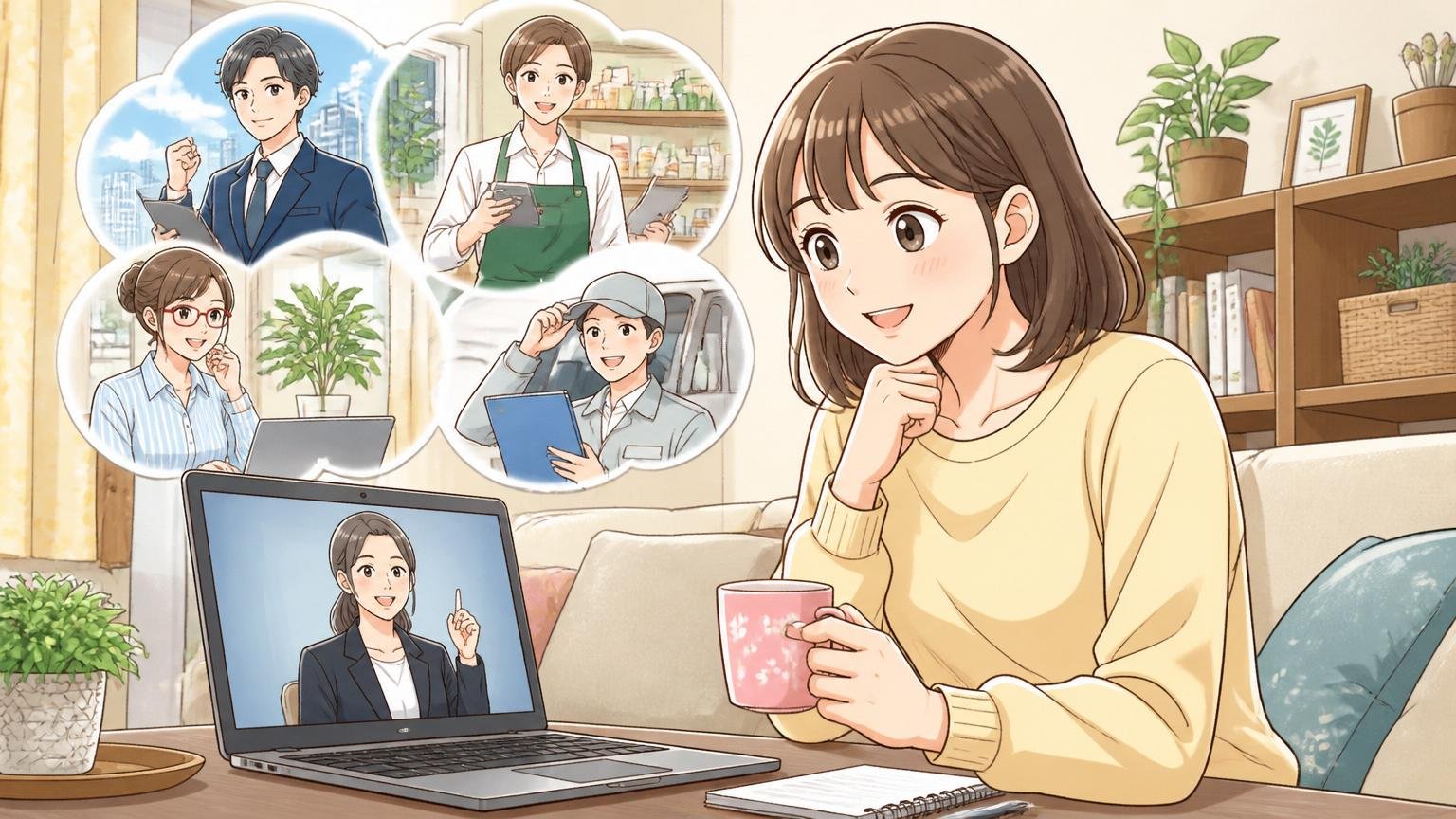転職エージェントは転職を決めた人だけのものではない 自宅のリビングで 30代女性が1人 リラックスした様子でオンライン相談を受ける