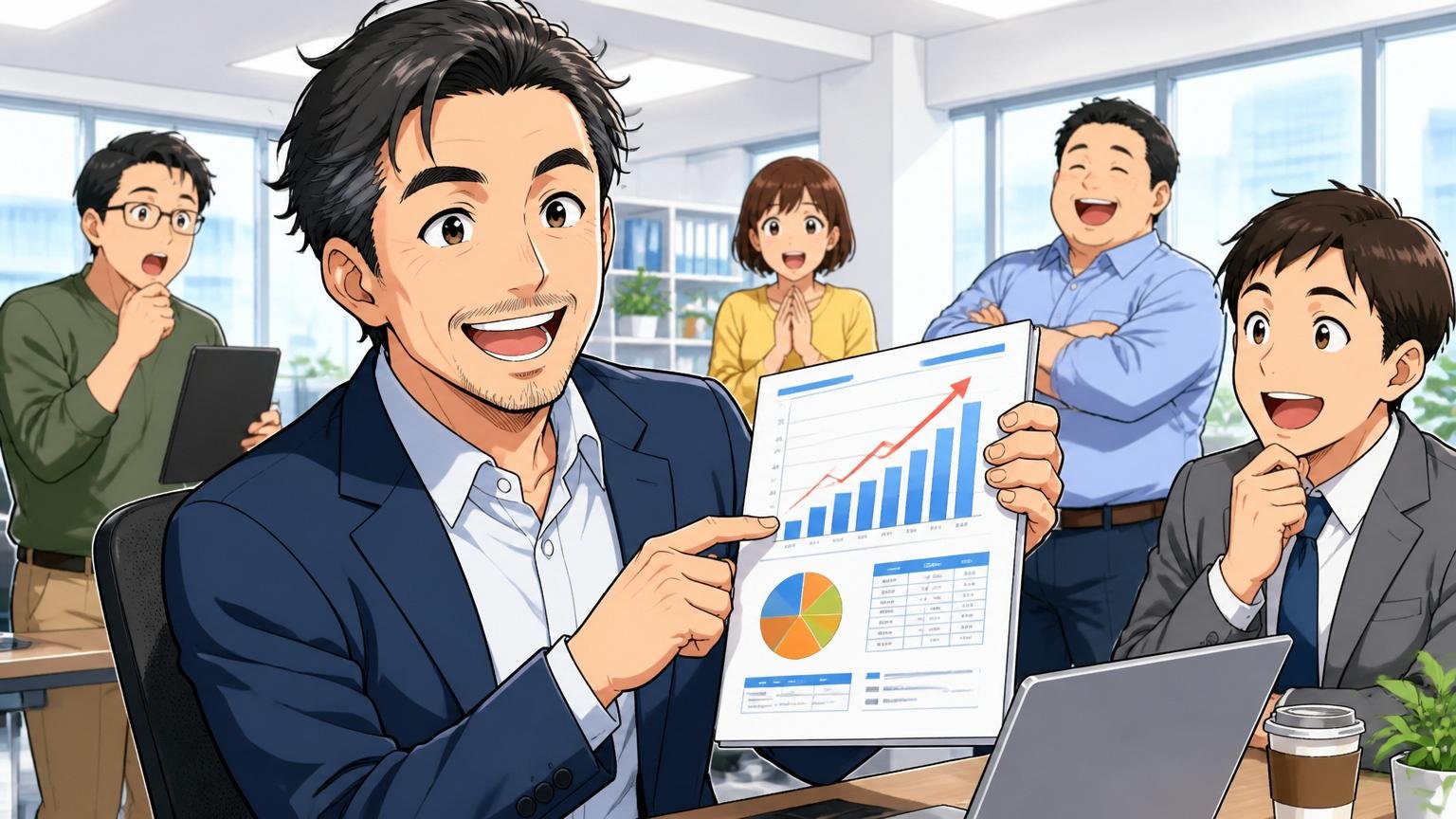 年収交渉と市場価値の把握に強いIT特化型転職エージェント。明るいオフィスで40代男性が笑顔で資料を示す